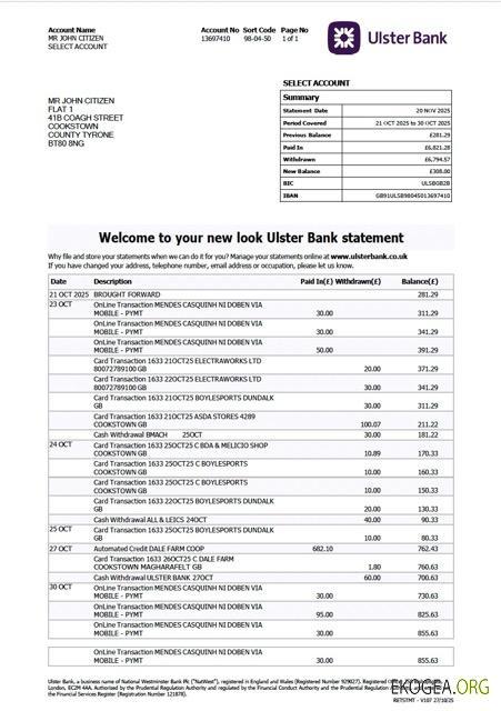 Modèle Word et PDF de relevé de la UK Ulster Bank